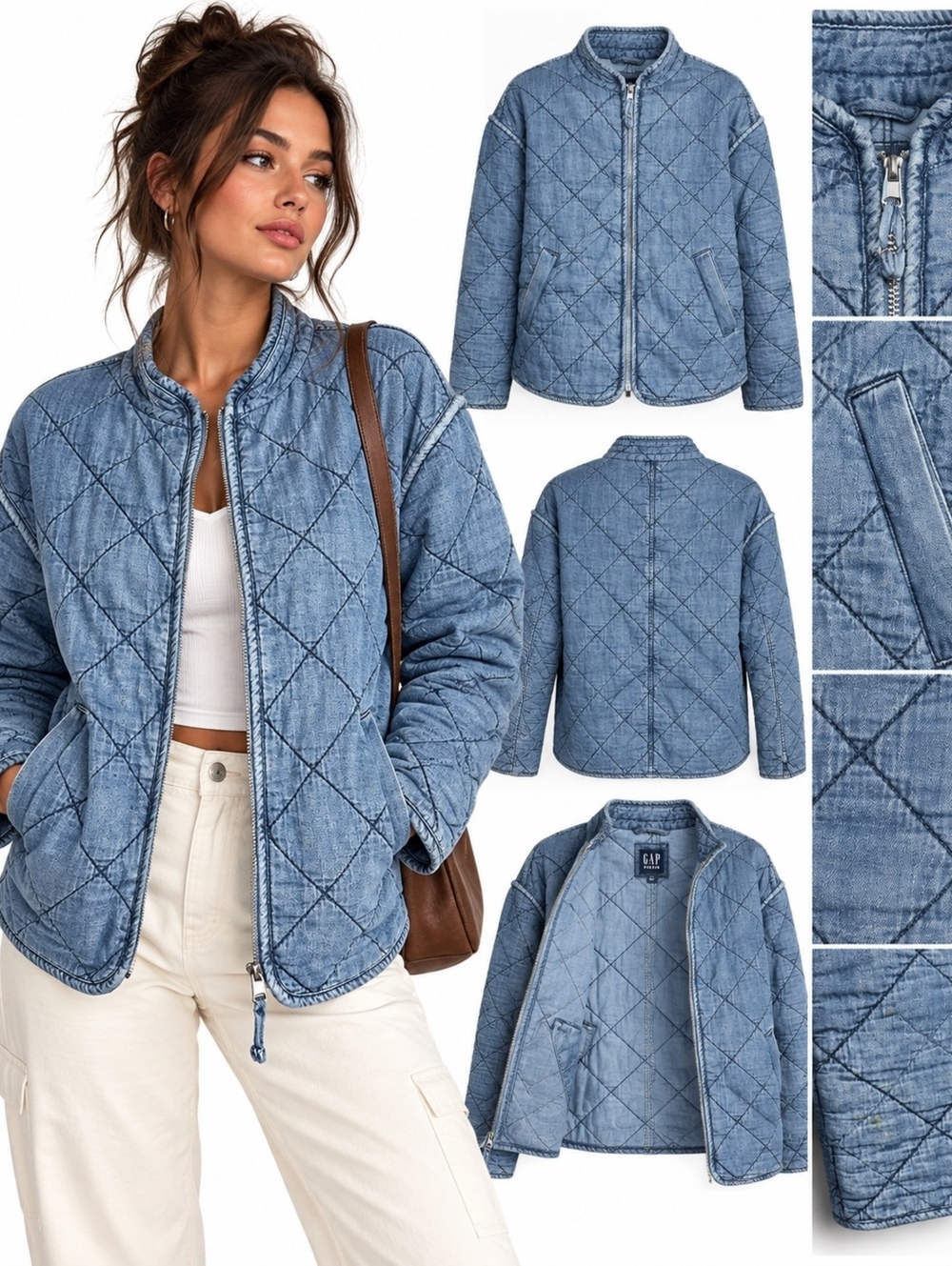 Gap Denim Quilted Jacket Medium Blue Chambray Zip Up Utility Coat